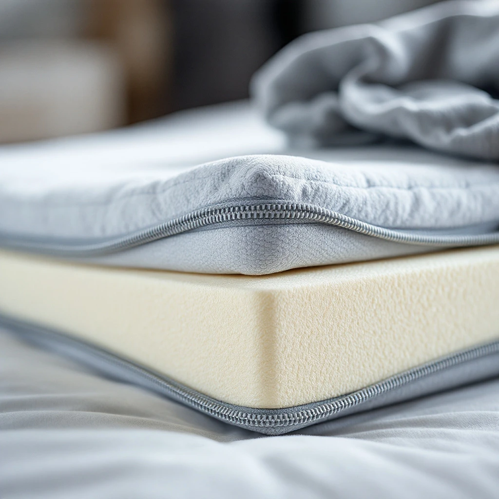 Close-up of breathable zip cover and foam layers